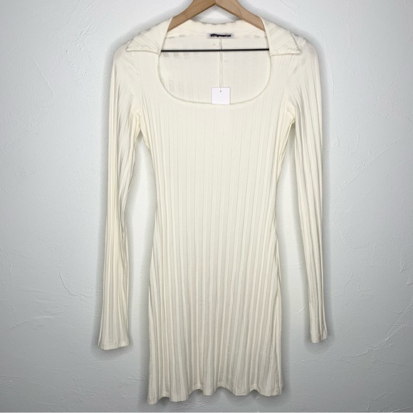 Reformation Small NEW Vittoria Ivory Rib Open Neck Collar Mini Dress Bodycon - Picture 2 of 12